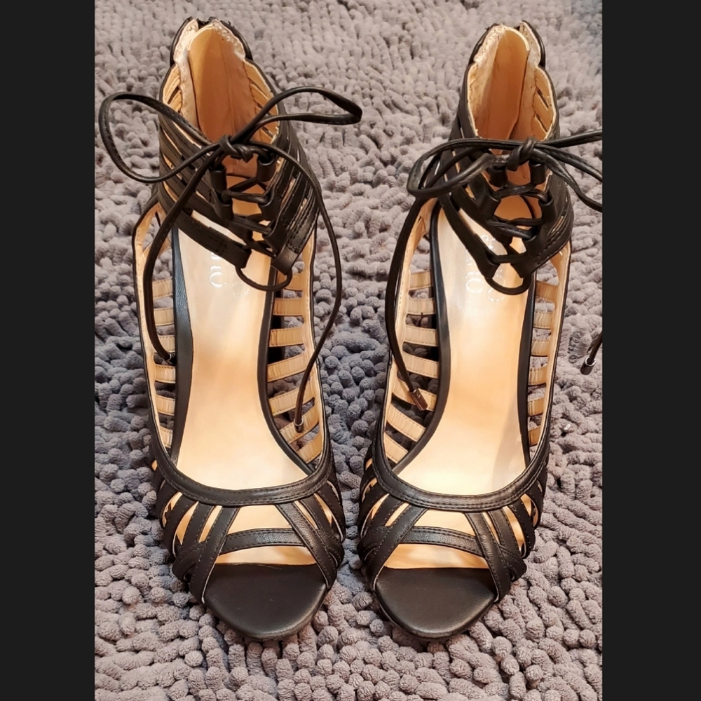 Franco Sarto Black Block Heels Back Zipper Lace Up
